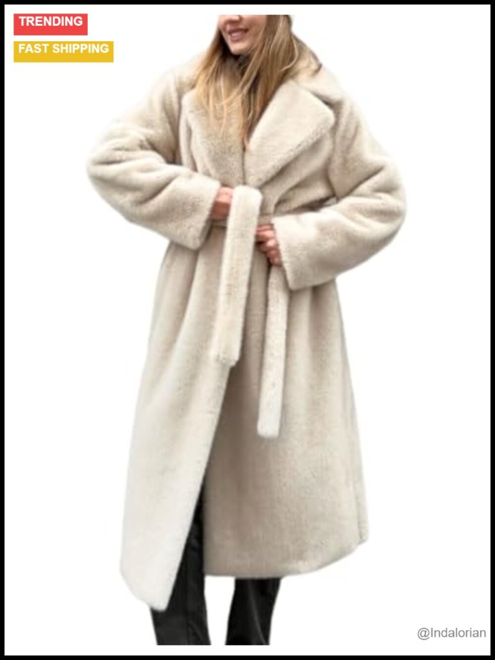 Womens Faux Fur Long Maxi Belted Winter Coat Notch Lapel Pockets